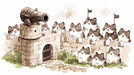 A whimsical illustration of cartoon cats defending a stone castle with a cannon, rendered in ink and watercolor style.