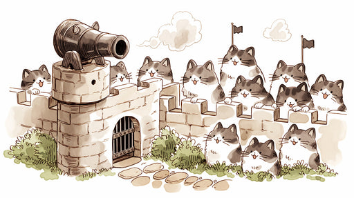 A whimsical illustration of cartoon cats defending a stone castle with a cannon, rendered in ink and watercolor style.