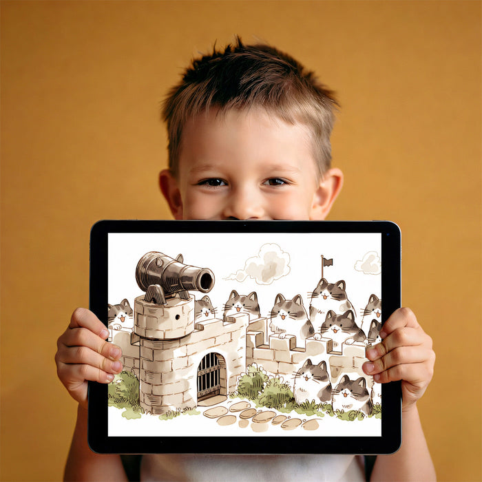 A lighthearted playroom setting featuring the cat siege mural on a main feature wall.