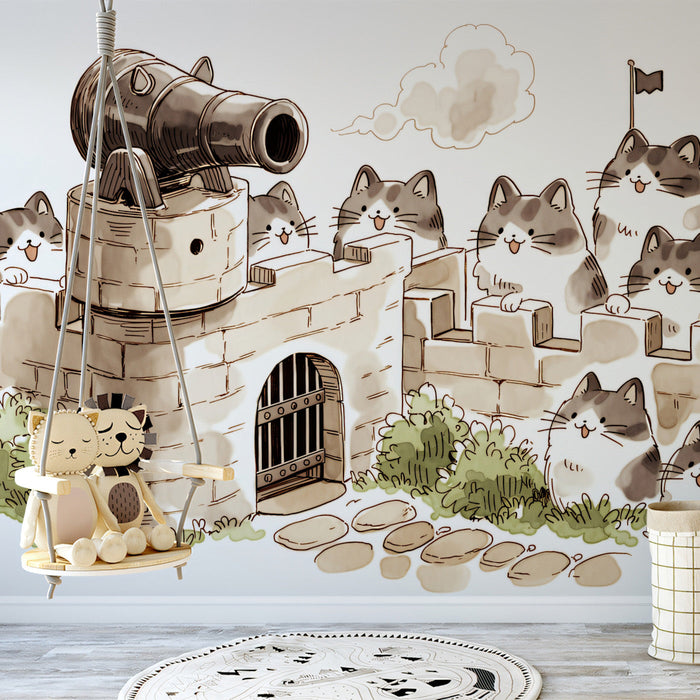 The cat castle mural installed in a colorful, playful child’s bedroom with soft wooden furniture.