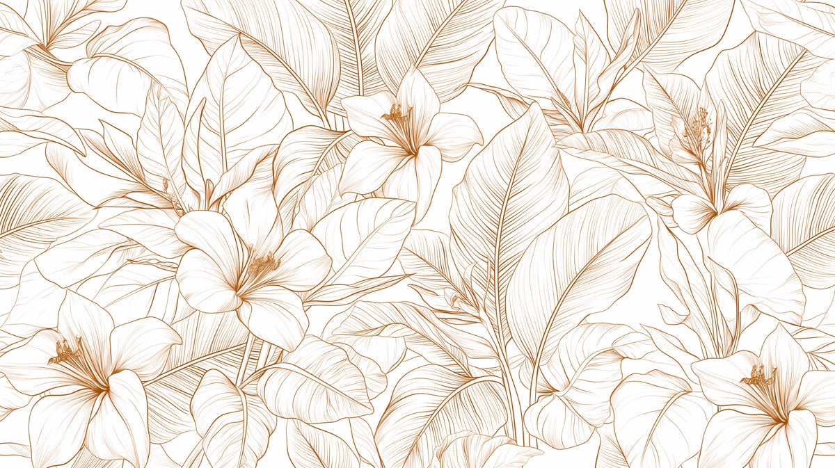 Delicate copper-colored floral line art pattern with tropical leaves on a crisp white background