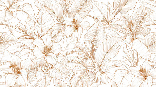 Delicate copper-colored floral line art pattern with tropical leaves on a crisp white background