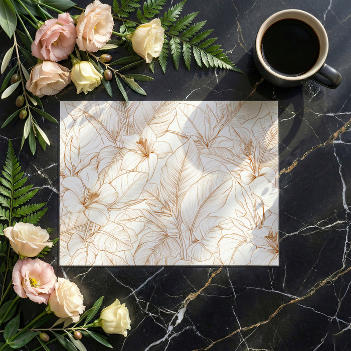 Bright and airy bedroom with a sophisticated copper leaf floral accent wall behind the bed