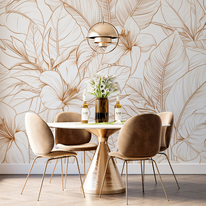 Contemporary dining room with subtle gold botanical mural wallpaper creating an elegant backdrop