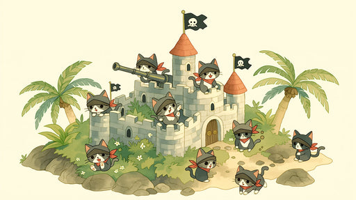 A whimsical illustration of gray cats dressed as pirates defending a stone castle on a tropical island with palm trees