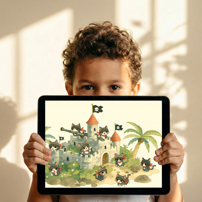 A playful playroom setting with the pirate cat wallpaper mural creating a fun activity corner