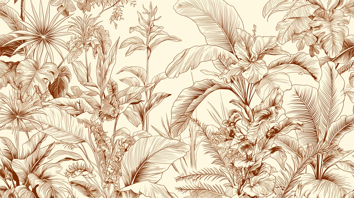Intricate botanical sketch mural wallpaper with sepia brown palm and monstera leaves on a warm cream background.