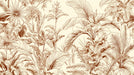 Intricate botanical sketch mural wallpaper with sepia brown palm and monstera leaves on a warm cream background.