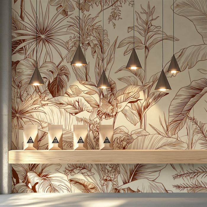 Elegant line-art botanical mural in a neutral-toned dining room setting.