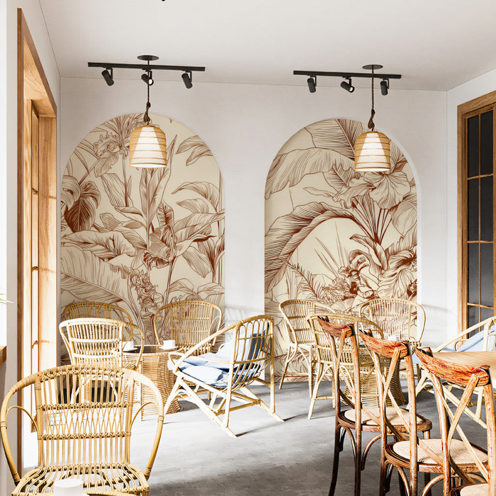 Tropical botanical mural installed behind a modern beige sofa in a cozy living room.