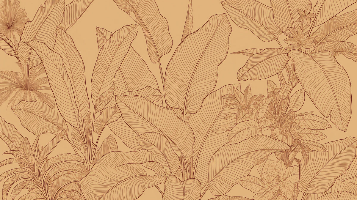 Botanical line art wallpaper with tropical leaves and hibiscus flowers in terracotta ink on a warm ochre background