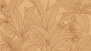 Botanical line art wallpaper with tropical leaves and hibiscus flowers in terracotta ink on a warm ochre background
