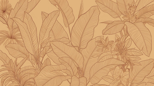 Botanical line art wallpaper with tropical leaves and hibiscus flowers in terracotta ink on a warm ochre background