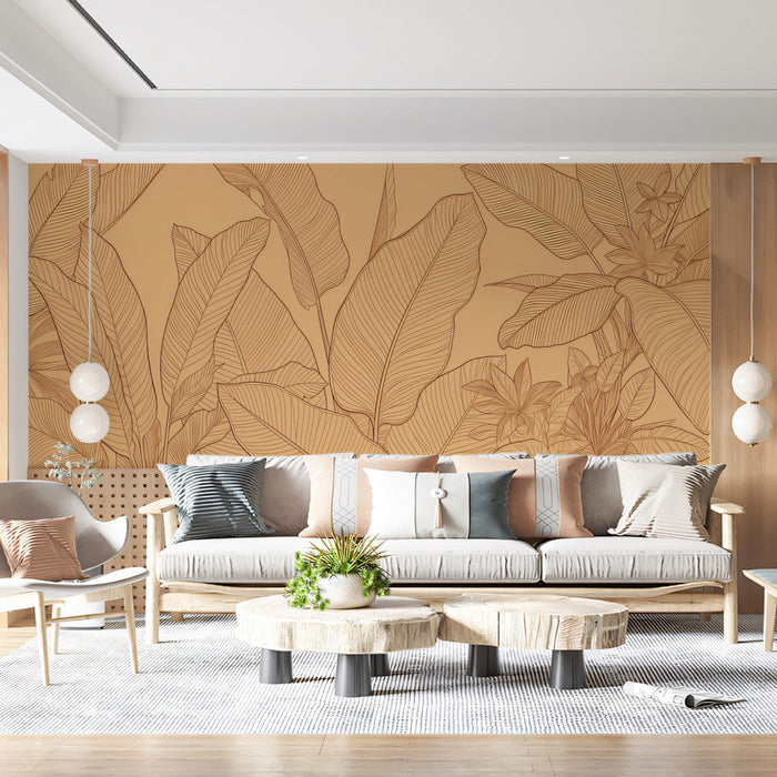 Contemporary dining room with a neutral botanical mural, styled with wood furniture and cream accents