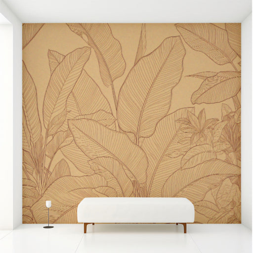 Modern living room featuring a warm ochre botanical line art mural behind a beige linen sofa