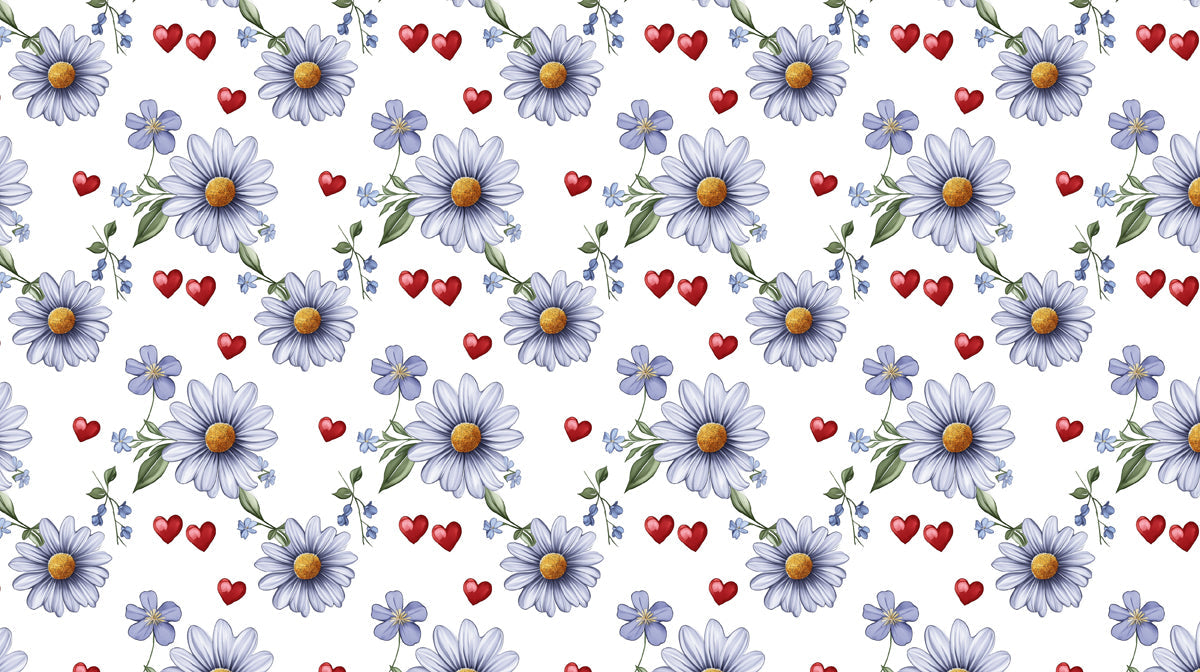 Floral wallpaper pattern with periwinkle daisies, golden centers, sage leaves, and small red hearts on white.