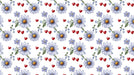 Floral wallpaper pattern with periwinkle daisies, golden centers, sage leaves, and small red hearts on white.