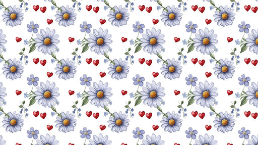 Floral wallpaper pattern with periwinkle daisies, golden centers, sage leaves, and small red hearts on white.