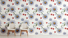 Whimsical daisy floral wallpaper installed as an accent wall in a cheerful nursery with white crib.