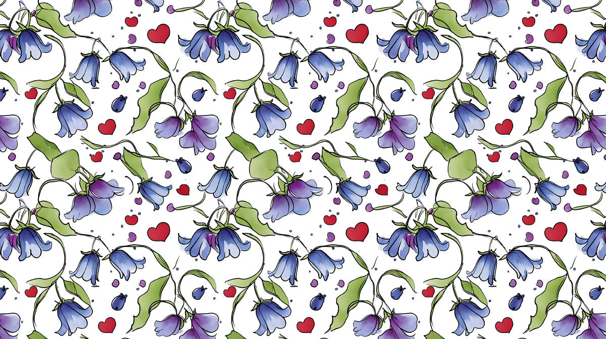 Hand-drawn bluebell flower pattern with red heart motifs on a white background