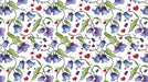 Hand-drawn bluebell flower pattern with red heart motifs on a white background