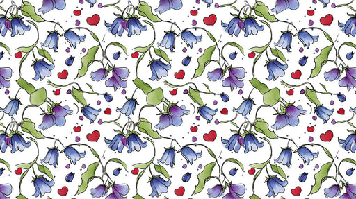 Hand-drawn bluebell flower pattern with red heart motifs on a white background
