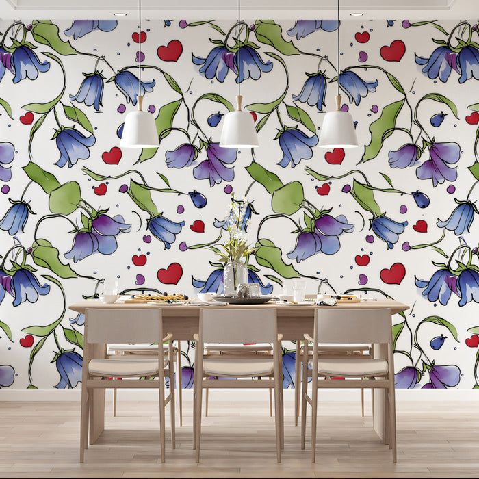 Charming bluebell and heart mural in a cheerful home office space