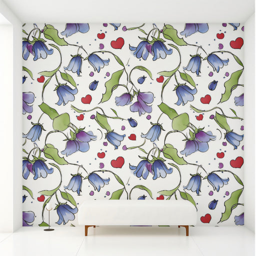 Whimsical bluebell wallpaper installed in a bright and cozy nursery room