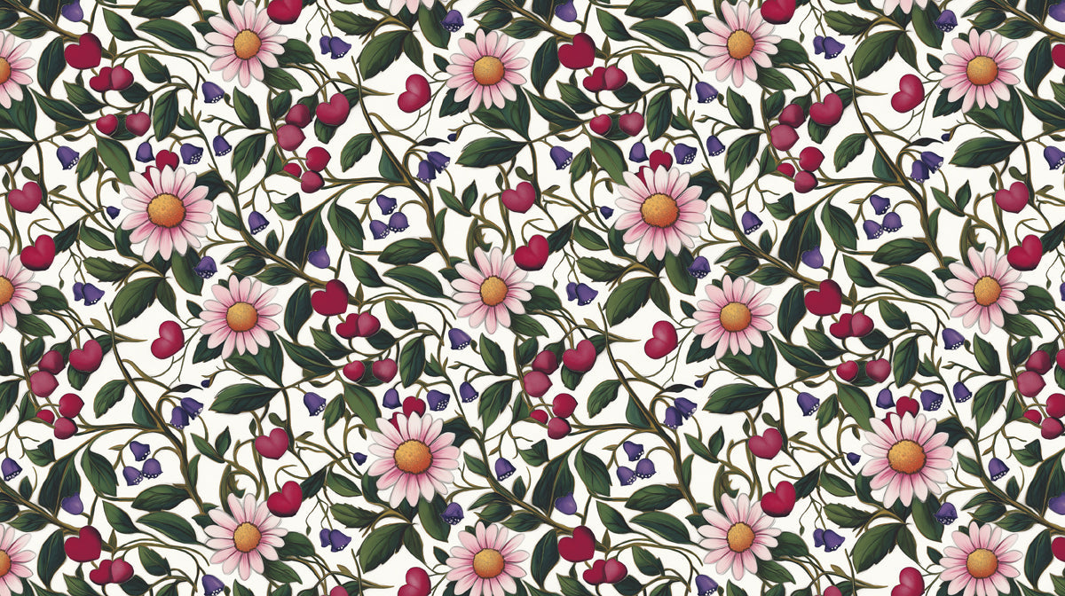 Floral pattern wallpaper with pink daisies, violet bellflowers, and crimson berries on white