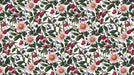 Floral pattern wallpaper with pink daisies, violet bellflowers, and crimson berries on white