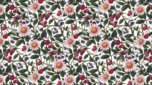 Floral pattern wallpaper with pink daisies, violet bellflowers, and crimson berries on white
