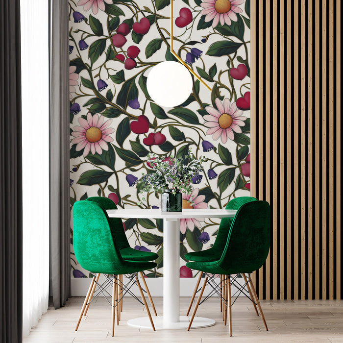 Casual dining room styled with a vibrant meadow botanical wallpaper mural