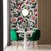 Casual dining room styled with a vibrant meadow botanical wallpaper mural
