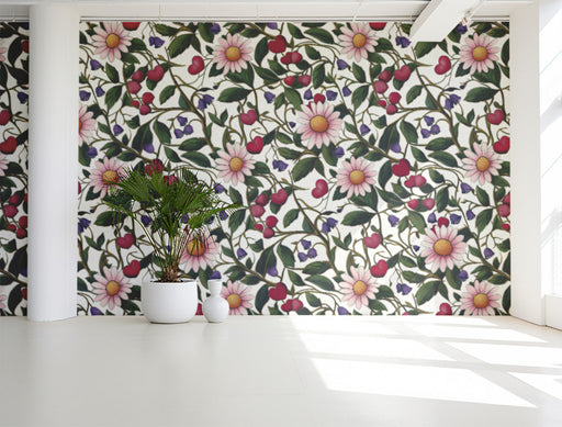 Bright kitchen area featuring a floral botanical mural on the main accent wall