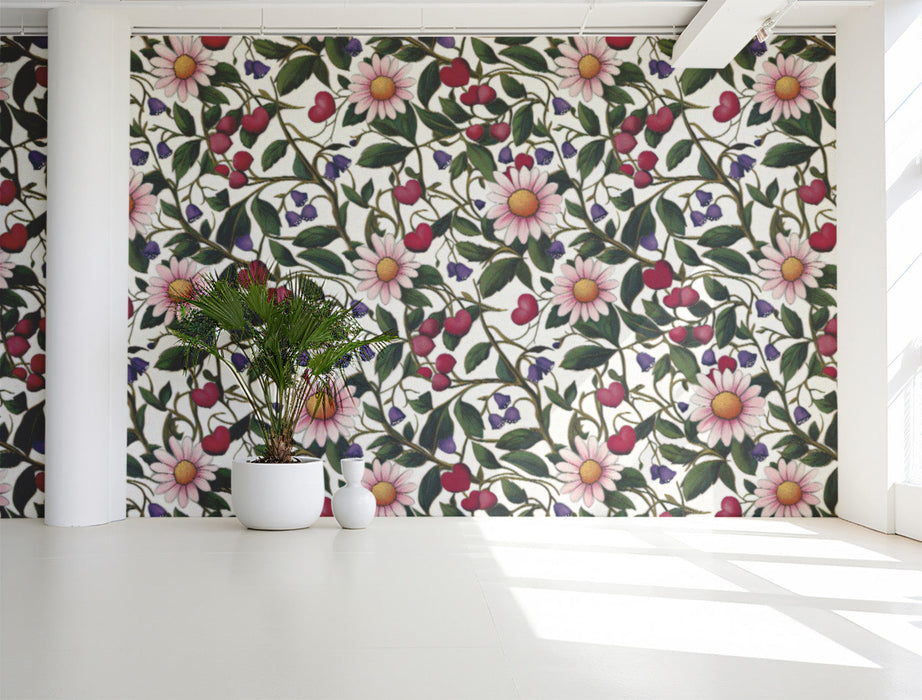 Bright kitchen area featuring a floral botanical mural on the main accent wall