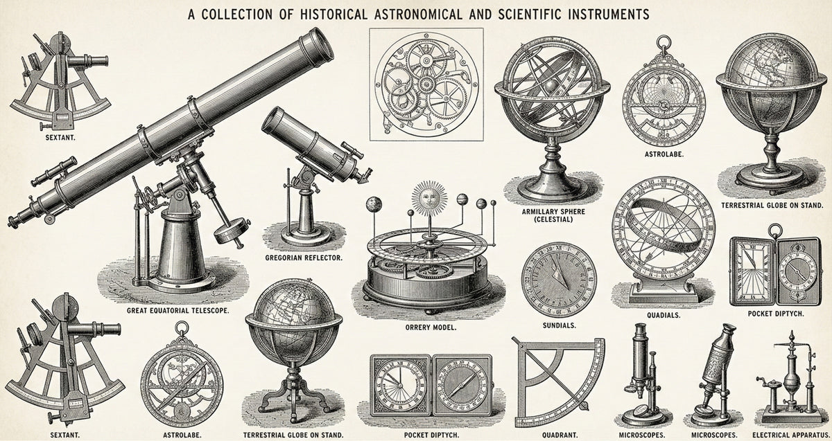 Vintage engraving style mural featuring antique telescopes, astrolabes, and globes on an off-white background