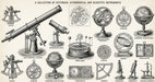 Vintage engraving style mural featuring antique telescopes, astrolabes, and globes on an off-white background