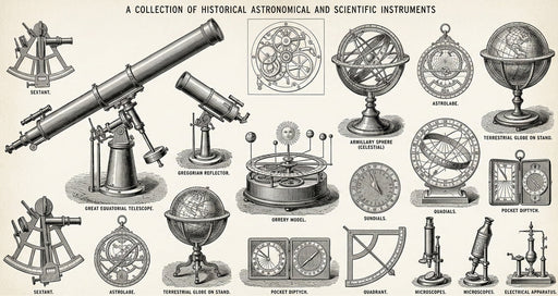 Vintage engraving style mural featuring antique telescopes, astrolabes, and globes on an off-white background