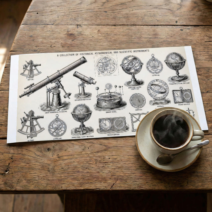 Library wall covered in vintage science sketches to create a scholarly and curious atmosphere