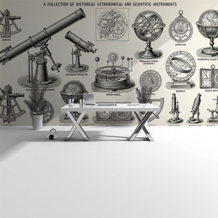 Home office wall featuring historical scientific instruments for a refined professional aesthetic