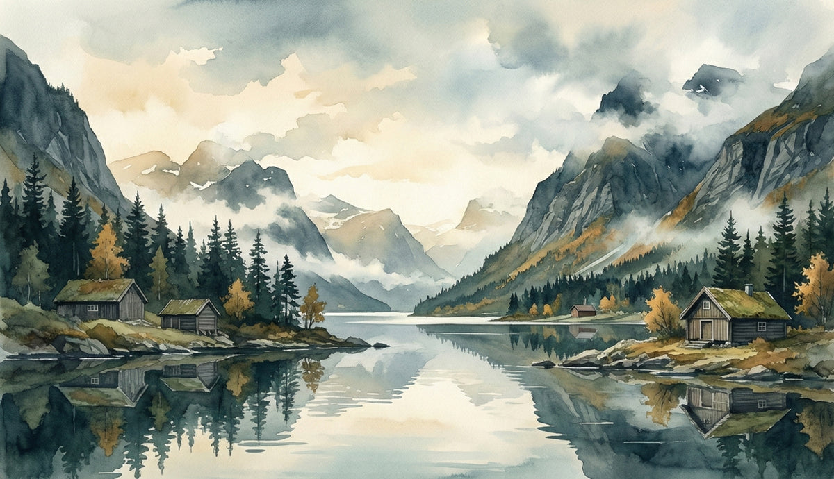 Watercolor mural of a misty alpine lake with mountains, spruce trees, and rustic wooden cabins.