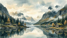 Watercolor mural of a misty alpine lake with mountains, spruce trees, and rustic wooden cabins.