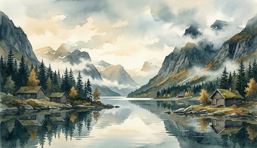 Watercolor mural of a misty alpine lake with mountains, spruce trees, and rustic wooden cabins.
