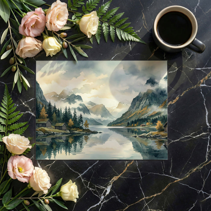 A refined home office featuring a watercolor lake wall mural to create a calm working environment.