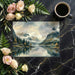 A refined home office featuring a watercolor lake wall mural to create a calm working environment.