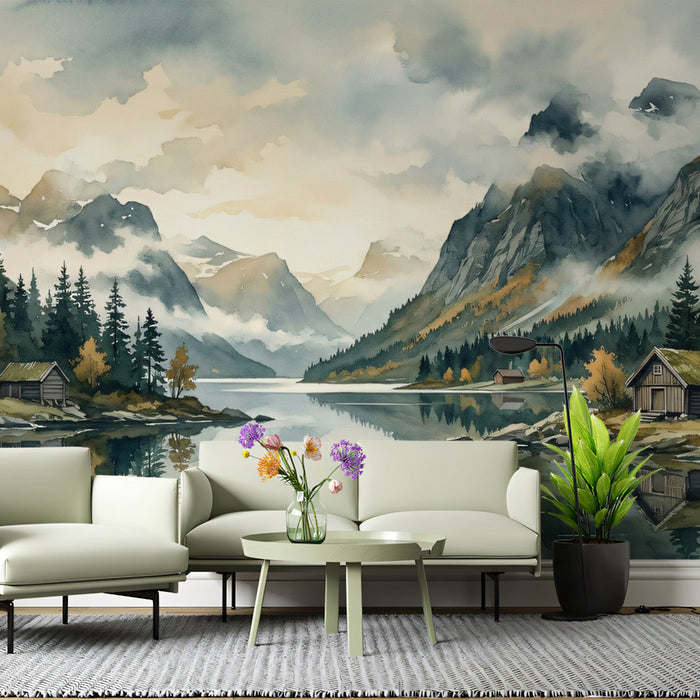 A minimalist living room styled with a large-scale landscape wallpaper mural of a serene mountain lake.