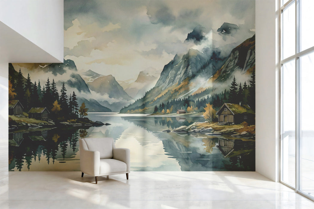A cozy bedroom with a mountain landscape mural behind the headboard and soft neutral bedding.