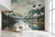 A cozy bedroom with a mountain landscape mural behind the headboard and soft neutral bedding.