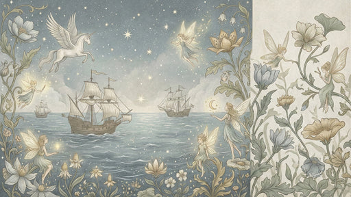 Whimsical mural featuring a pegasus, sailing ships, fairies, and floral motifs in a muted vintage illustration style