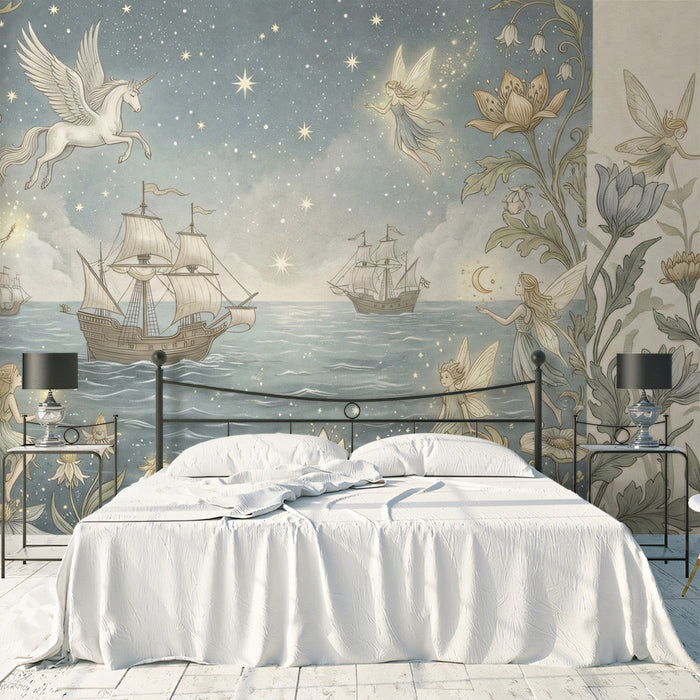 A serene reading nook with a velvet armchair set against the dreamlike fairy and sailing ship mural